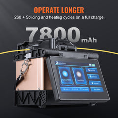 Bostome Fiber Fusion Splicer with 4 motors, 5-inch screen, and compact tool kit for fiber splicing.