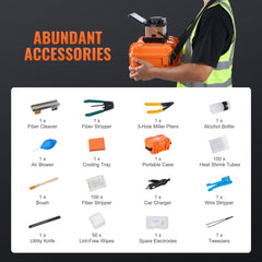 Bostome Fiber Fusion Splicer with 4 motors, 5-inch screen, and compact tool kit for fiber optic work.
