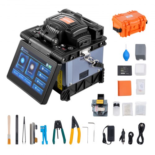 Bostome Fiber Fusion Splicer with 6 motors, 5-inch touch screen, and accessory kit including tools and case.