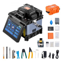 Bostome Fiber Fusion Splicer with 6 motors, 5-inch touch screen, and accessory kit including tools and case.