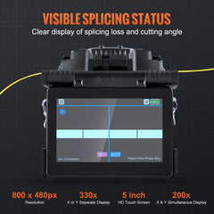 A black fiber fusion splicer with a 5-inch screen displaying splicing status.
