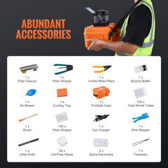 A person wearing a safety vest holds an orange portable case with a fiber fusion splicer on top, surrounded by various fiber optic tools and accessories.