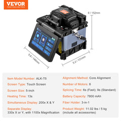 A fiber fusion splicer with a 5-inch touch screen and dimensions of 5.8 x 5.2 x 6 inches.