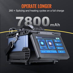 Blue Bostome fiber fusion splicer with touchscreen, 7800 mAh battery, and carrying strap.