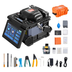 Bostome fiber fusion splicer with 6-motor core alignment, touchscreen, and accessory kit.