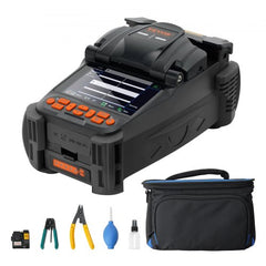 Bostome fiber fusion splicer with 6-motor core alignment, 4-inch LCD, and accessory kit in carry bag.