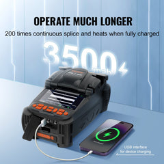 Bostome fiber fusion splicer with 6 motors, 4-inch LCD, and 3500 mAh battery connected to a phone via USB.