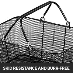 Twelve black metal wire shopping baskets with folding handles and a cast-iron stand.