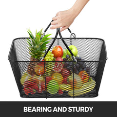 Black metal wire shopping baskets with folding handles and a cast-iron stand for stacking.