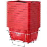 Set of 12 red plastic shopping baskets with 24L capacity stacked on a metal stand.