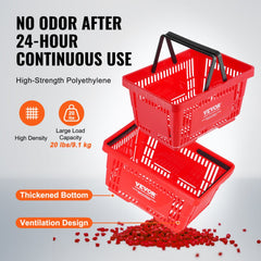 Set of 12 red plastic shopping baskets with handles stacked on a metal stand.