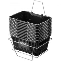 Set of 12 black PE shopping baskets with iron stand and double-sided handles for easy carrying.