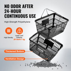 Two black 21L PE shopping baskets with handles, ventilation, and thickened bottom, shown stacked.