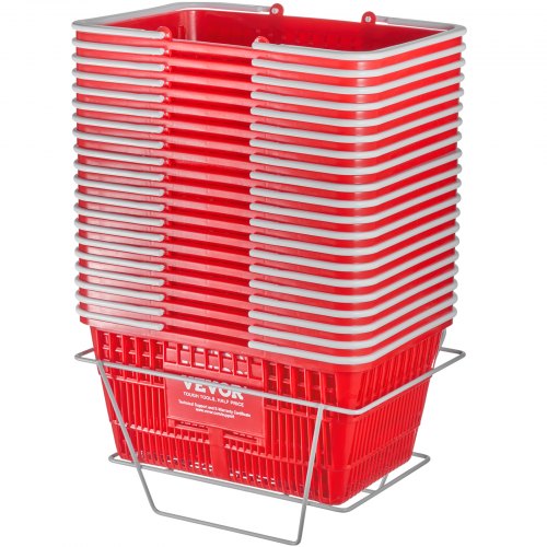 Red shopping basket set with 20 baskets and a stand, designed for easy organization.