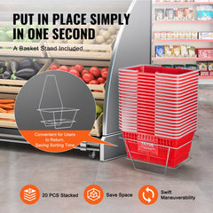 Red shopping basket set with 20 baskets and a stand, designed for easy organization.