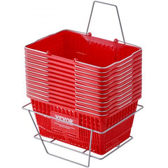 Set of 12 red plastic shopping baskets with metal handles and a stand for storage.