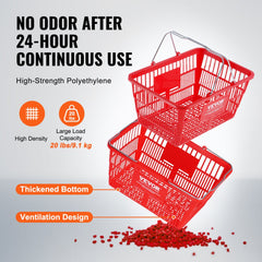 Set of 12 red plastic shopping baskets with metal handles and a stand for organized storage.