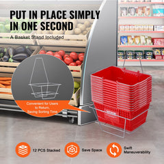 Set of 12 red plastic shopping baskets with metal handles and a stand for organized storage.
