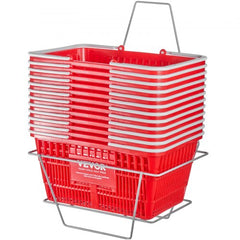 Stack of 12 red 21L plastic grocery baskets with handles, nested on a metal stand.