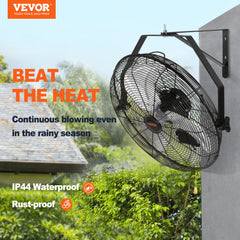 Black 18-inch industrial wall mount fan with waterproof design and adjustable speed control.