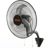 Black 18-inch oscillating industrial wall fan with metal blades and pull-string controls.