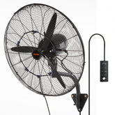 Black 24-inch wall mount misting fan with oscillation and high-velocity airflow.