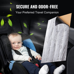 A baby sits in a car seat with a silver foil insulation mat attached to the door panel.