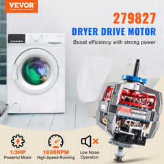 279827 dryer drive motor for Kenmore and Whirlpool, 1/3 HP, 1690 RPM, shown with washer.