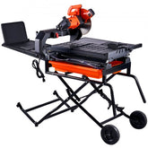 Bostome 10-inch wet tile saw with stand, orange accents, and wheels.
