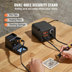 Dual-hole security stand for Bostome wood burning kit with adjustable 200-700°C pens and tools on workbench.