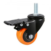 Set of four 2-inch black threaded stem caster wheels with orange polyurethane treads and dual brakes.