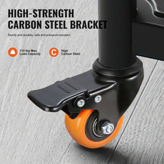 Set of four 2-inch black threaded stem caster wheels with orange polyurethane treads and dual brakes, rated for 110 lbs capacity.