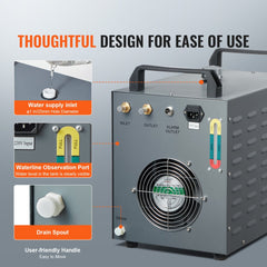 Industrial water chiller with a 12L tank and 18L/min flow rate for laser cooling.