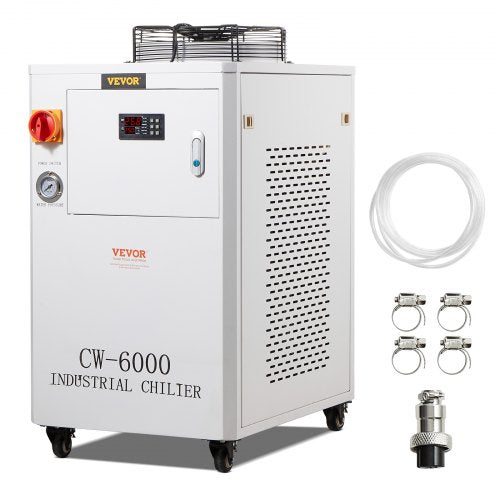 White Bostome CW6000 industrial water chiller with 15L tank, digital display, and accessories.