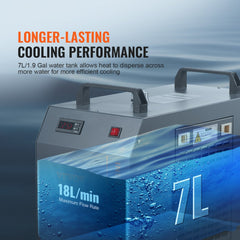 Industrial water chiller with a 7L tank and 18L/min flow rate for laser engraving machines.