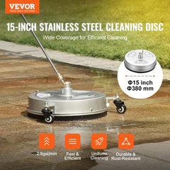 15-inch stainless steel pressure washer surface cleaner with dual-nozzle rotation.