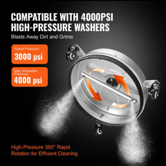 15-inch stainless steel pressure washer surface cleaner with dual-nozzle rotation.