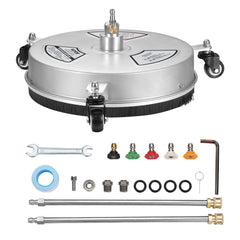 15-inch stainless steel pressure washer surface cleaner with dual-nozzle rotation.