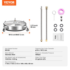 Bostome 18" pressure washer surface cleaner with stainless steel construction and dual rotating nozzles.