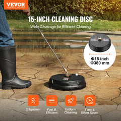 15-inch pressure washer surface cleaner with dual nozzles and splash-preventing brush design.