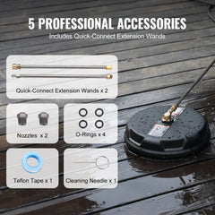 A pressure washer surface cleaner with accessories, including extension wands, nozzles, O-rings, tape, and a cleaning needle.
