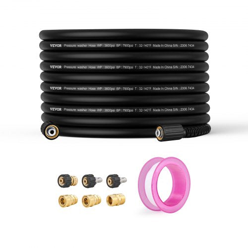 100-foot black kink-free pressure washer hose with brass fittings and adapters.