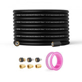 100-foot black kink-free pressure washer hose with brass fittings and adapters.