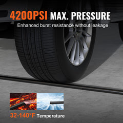 Black 100ft pressure washer hose with brass fittings and tire in background.