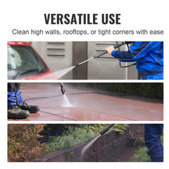 Person using Bostome 100ft kink-free pressure washer hose cleaning car, patio, and garden edge.
