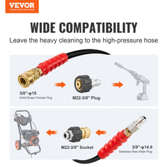 A pressure washer hose with various connectors for wide compatibility.