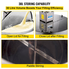 Stainless steel 30L lipstick filling machine with open and closed lid views, pouring liquid, and paddle stirring mechanism.