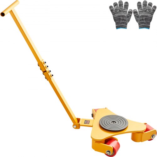 Yellow carbon steel 3T machinery skate dolly with swivel PU wheels and removable handle, plus gray gloves.