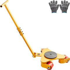 Yellow carbon steel 3T machinery skate dolly with PU swivel wheels and included gray gloves.