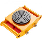 Yellow heavy-duty machinery skate dolly with black PU pad and red PU wheels.
